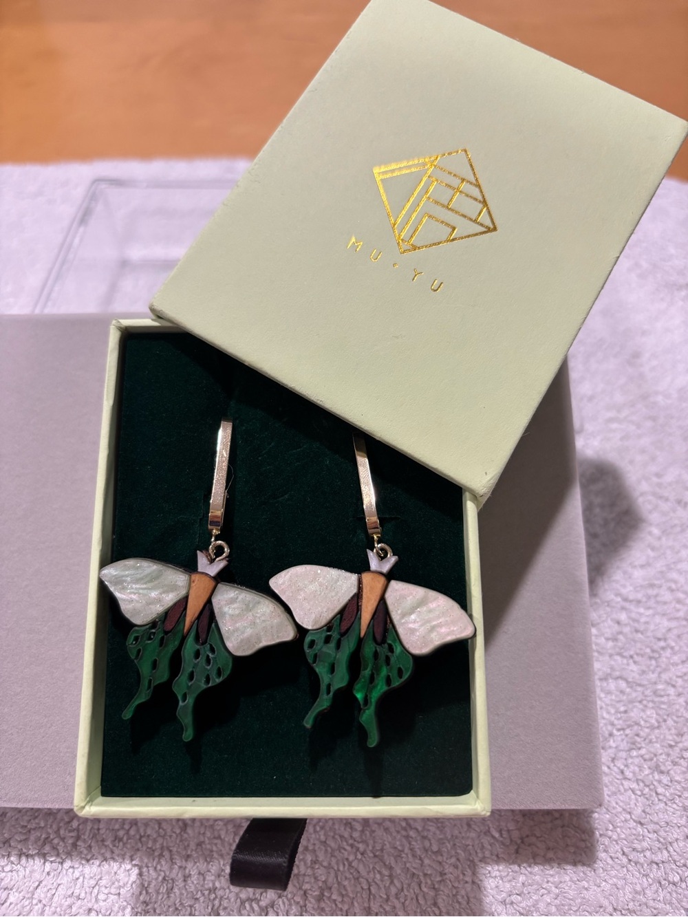 Green & White Butterfly Drop Earrings